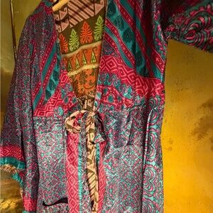 REVERSIBLE SILK DRESS Red Wrap Dress Duster Jacket Boho Hippie 100% Silk One Siz